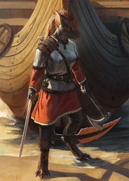 anthro axe breasts chainmail clothed clothing digitigrade female fully_clothed hair melee_weapon non-mammal_breasts red_hair shield ship solo sword tail vehicle watercraft weapon nomax mythology dragon mythological_creature mythological_scalie scalie hi_res