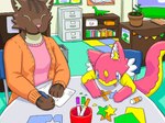 anthro arts_and_crafts classroom clothed clothing domestic_cat duo eyes_closed felid feline felis female hi_res horn mammal mimill3 pen school unicorn_horn unknown_species wings writing_text