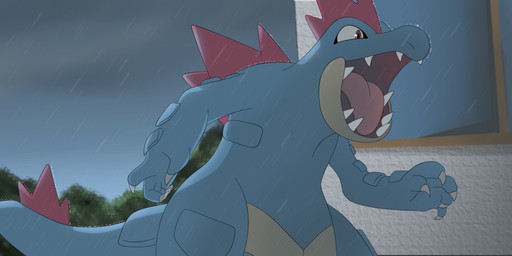 armor back_spikes big_mouth_(anatomy) blue_body body_armor brick brick_wall claws cloud cloudy_sky feral finger_claws head_spikes plant raining roaring sharp_teeth shrub sky snout solo spiked_tail spikes spikes_(anatomy) standing tail teeth tongue wall_(structure) wide-open_mouth window all0412 nintendo pokemon crocodilian feraligatr generation_2_pokemon pokemon_(species) reptile scalie hi_res