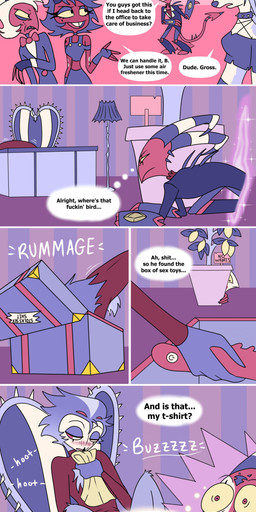 4_eyes 4_fingers anthro back_spines beak bent_over black_beak black_hair blush bodily_fluids boots bottomless bottomless_anthro bottomless_male bottomwear bow_tie box buzzing canon_couple chair chest_tuft choker citrus_tree cleavage_cutout clothed clothing coat collar container crawling crop_top cutout desk dialogue dildo dildo_vibrator eyebrows eyelashes feather_hair feather_tuft feathers female fingerless_gloves fingers food footwear forehead_mark freckled_face freckles frown fruit fruit_tree fur furniture furniture_lamp gloves glowing_pupils grey_body grey_feathers grey_fur grey_hair group hair half-closed_eyes handwear heart_(marking) hiding holding_clothing holding_object holding_sex_toy holding_shirt holding_topwear holding_vibrator hoot_(sound_effect) horn inside jewelry keyhole_turtleneck lamp lemon lemon_tree male markings masturbation mole_(marking) mole_under_eye multi_eye multicolored_body narrowed_eyes necklace office office_chair on_chair onomonopia open_mouth open_smile pants plant plant_pot portal potted_plant profanity pseudo_hair red_body red_eyes red_sclera sex_toy sex_toy_insertion sharp_teeth shirt shoes short_hair sign sitting sitting_on_chair smile sneaking sniffing sniffing_clothes spade_tail speech_bubble spiked_collar spiked_tail spikes spikes_(anatomy) spines spread_legs spreading striped_markings striped_tail stripes sweat sweatdrop sweater table tail tail_markings talon_hands teeth text thought_bubble tongue tooth_gap topwear topwear_only tree tuft turtleneck vibrator wallpaper_(decoration) white_body white_eyes white_fur white_hair wide_eyed yellow_sclera yellow_teeth kiaxian2 hellaverse helluva_boss mythology blitzo_(helluva_boss) loona_(helluva_boss) millie_(helluva_boss) moxxie_(helluva_boss) stolas_(helluva_boss) avian bird canid canid_demon canine demon demon_humanoid hellhound horned_humanoid humanoid imp mammal mythological_canine mythological_creature owl owl_demon absurd_res artist_name censored comic english_text hi_res watermark