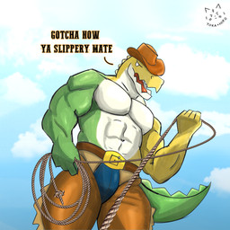 anthro belt biceps bottomwear candy chaps clothed clothing cloud cloudy_sky cowboy_hat day dessert empty_eyes food green_body hat headgear headwear holding_object holding_rope lasso logo looking_at_viewer male muscular muscular_anthro muscular_arms muscular_male navel outside pants pecs rope sky solo tail tail_ridge talking_to_viewer text topless topless_anthro topless_male white_body yellow_body toraxhiro glitch_productions the_amazing_digital_circus gummigoo_(tadc) crocodile crocodilian food_creature living_candy reptile scalie 1:1 artist_logo digital_media_(artwork) english_text hi_res portrait three-quarter_portrait