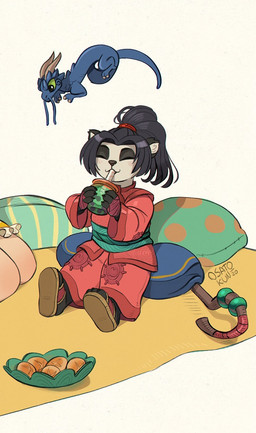 3_toes 4_fingers accessory ambiguous_gender anthro belt beverage black_body black_fur black_hair black_nose blue_body blue_scales blush bottomwear bowl bread bubble_tea clothing container countershade_face countershade_torso countershading cup drinking drinking_straw duo eyes_closed feet female feral fingers flying food footwear fur green_belt green_eyes hair hair_accessory hair_ring hand_wraps happy holding_container holding_cup holding_object horn inner_ear_fluff nails pants patch_(fabric) pillow pink_bottomwear pink_clothing pink_pants pink_shirt pink_topwear ponytail sandals scales shirt shoes simple_background sitting staff tail toes topwear tuft whiskers white_background wraps young young_anthro young_female osato-kun blizzard_entertainment mythology warcraft li_li_stormstout bear dragon mammal mythological_creature mythological_scalie pandaren scalie 2020 colored dated digital_drawing_(artwork) digital_media_(artwork) hi_res signature