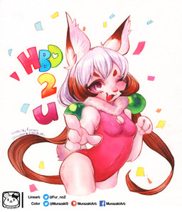 anthro biped cleavage_cutout clothing confetti cutout female gesture hand_gesture happy_birthday looking_at_viewer one-piece_swimsuit one_eye_closed open_mouth pointing pointing_at_viewer simple_background smile solo swimwear text white_background wink murazaki mammal absurd_res english_text hi_res painting_(artwork) traditional_media_(artwork) traditional_painting_(artwork) traditional_watercolor_(artwork) watercolor_(artwork)