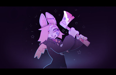 5_fingers anthro axe bandage black_bars black_clothing black_hoodie black_topwear blue_eyes clothed clothing countershading ear_piercing ear_ring eyelashes female fingers fully_clothed fur grey_body grey_fur hair heart_symbol heterochromia holding_axe holding_object hoodie light_from_below piercing pink_hair ring_piercing smile solo star_symbol teeth text topwear white_body white_countershading white_fur yellow_eyes danomil lagomorph leporid mammal rabbit 2022 artist_name dated digital_media_(artwork) half-length_portrait letterbox portrait shaded signature