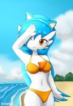 4_fingers beach bikini blue_hair breasts clothing cloud detailed_background fake_cat_ears fake_ears female fingers hair hand_over_head head_tilt long_hair medium_breasts midriff navel not_furry one_eye_closed orange_eyes seaside shielding_eyes sky smile solo swimwear two-piece_swimsuit baterco nintendo pokemon gardevoir generation_3_pokemon humanoid pokemon_(species) shiny_pokemon 2020 hi_res signature