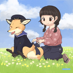 ambiguous_gender asian_clothing black_hair blush brown_eyes clothed clothing cloud duo east_asian_clothing eyes_closed feet female female_human feral flower footwear fur grass hair hat headgear headwear japanese_clothing open_mouth orange_body orange_fur outside pawpads paws plant plantigrade sandals shoes sitting sky smile tail toes fusau canid canine fox human mammal 1:1 2026 hi_res