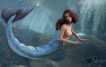 breasts female hair nipples red_hair solo split_form underwater water rewop aquatic humanoid merfolk 3d_(artwork) digital_media_(artwork) watermark