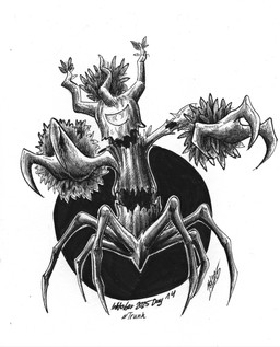 6_legs ambiguous_gender biped branch claws leaf looking_at_viewer plant solo standing tree xdunkelseelex inktober nintendo pokemon elemental_creature flora_fauna generation_6_pokemon pokemon_(species) treant trevenant 2025 absurd_res hi_res monochrome signature traditional_media_(artwork)