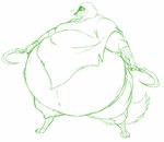 anthro bandage belly big_belly bottomless bottomless_anthro bottomless_male claws cloak cloak_only clothed clothing fur half-closed_eyes holding_object holding_sickle holding_weapon huge_belly hyper hyper_belly looking_at_viewer male morbidly_obese morbidly_obese_anthro morbidly_obese_male musical_note musical_symbol narrowed_eyes navel obese obese_anthro obese_male overweight overweight_anthro overweight_male sickle smile smiling_at_viewer solo standing symbol weapon whistling hectorthewolf dreamworks puss_in_boots_(franchise) death_(puss_in_boots) canid canine canis mammal wolf 2023 green_and_white hi_res monochrome