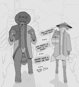 4_toes 5_toes annoyed anthro asian_clothing backpack bodily_fluids body_hair clothed clothed_anthro clothed_male clothing countershading cutaway dialogue duo ears_back east_asian_clothing ellipsis expression_cutaway eyes_closed feet flirting footwear fundoshi happy_trail hat headgear headwear holding_object japanese_clothing kasa_(hat) leg_markings male markings navel open_clothing open_shirt open_topwear outside partially_clothed pivoted_ears sandals sharp_teeth shirt shoes socks_(marking) speech_bubble standing striped_markings striped_tail stripes sweat sweatdrop sweaty_body tail tail_markings teeth text tired toes tongue tongue_out topwear underwear whiskers servali_sketch canid canine fox mammal raccoon_dog tanuki 2025 absurd_res english_text greyscale hi_res monochrome