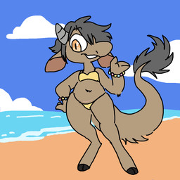 3_fingers anthro arm_tuft beach big_tail bikini biped bracelet breasts brown_body brown_fur c-section_scar clothed clothing cloud day elbow_tuft female fingers fur grey_hair grey_horn hair hand_on_hip hooves horn jewelry looking_at_viewer markings navel orange_eyes outside raised_hand scar short_hair sky small_breasts smile solo swimwear tail tail_base_tuft tail_markings teeth tuft two-piece_swimsuit water yellow_bikini yellow_clothing yellow_swimwear manitka manitka_storm bovid bovine cattle mammal 1:1 2026 digital_media_(artwork) hi_res procreate_(artwork)