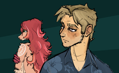 anthro arm_tattoo biped blonde_hair blue_clothing blue_shirt blue_topwear clothed clothed_human clothed_male clothing duo elbow_feathers feathers female fingers floral_print frown green_background green_eyes hair half-closed_eyes head_turned human_on_anthro humanoid_hands interspecies long_hair looking_aside male male/female narrowed_eyes nude nude_anthro nude_female pink_body pink_feathers red_hair shirt short_hair shoulder_tattoo simple_background tattoo topwear lockheed_martini cavemanon_studios volcaldera_ashfall ashley_(volcaldera_ashfall) james_(volcaldera_ashfall) dinosaur dromaeosaurid human mammal prehistoric_species reptile saurischian scalie theropod absurd_res colored hi_res shaded