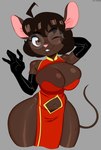 anthro big_breasts breasts cleavage clothed clothing eyewear female glasses one_eye_closed solo wide_hips wink xabelha gwen_geek gwen_martin mammal mouse murid murine rodent hi_res