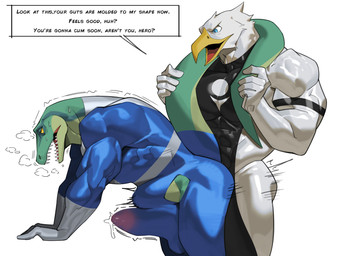 anal anal_penetration anthro anthro_on_anthro anthro_penetrated anthro_penetrating anthro_penetrating_anthro beak biceps black_latex blue_eyes blue_latex bodily_fluids bodysuit clothing cum cum_in_clothing cum_in_pants cum_through_clothing cum_through_pants cum_while_penetrated deltoids dialogue duo erection erection_under_clothing forearm_muscles genital_fluids green_body latex latex_bodysuit latex_clothing latex_skinsuit male male/male male_penetrated male_penetrating male_penetrating_male motion_lines multicolored_bodysuit multicolored_clothing multicolored_skinsuit muscular muscular_anthro muscular_male penetration penile penile_penetration penis_in_ass sex skinsuit speech_bubble superhero sweat tail tail_around_partner tail_around_shoulders text tight_clothing triceps two_tone_bodysuit two_tone_clothing two_tone_skinsuit wet wet_clothing white_body white_latex yellow_sclera cxcxxcxxxx accipitrid accipitriform avian bird eagle lizard reptile scalie 2026 absurd_res english_text hi_res