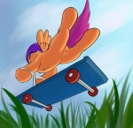 armor feathered_wings feathers female feral fur grass headgear helmet low-angle_view orange_body orange_feathers orange_fur outside plant purple_eyes riding scooter sky solo spread_wings wings worm's-eye_view young young_feral sokolas friendship_is_magic hasbro my_little_pony mythology scootaloo_(mlp) equid equine mammal mythological_creature mythological_equine pegasus 2013 hi_res