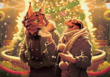 ambiguous_gender anthro black_body bottomwear brown_body brown_fur cheek_tuft christmas_tree clothed clothing duo ear_tuft facial_tuft fur green_eyes grin happy head_tuft holidays jacket lamp lantern looking_up open_mouth open_smile orange_eyes outside pants plant red_tongue scarf smile standing string_lights tan_body tan_fur teeth text tongue topwear tree tuft whiskers azuza christmas felid mammal scalie 2021 artist_name dated