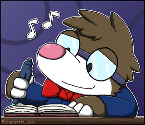 ambiguous_gender anthro blinking blue_background blue_clothing blue_topwear book bow_tie brown_body brown_fur claws clothed clothed_ambiguous clothed_anthro clothing eyewear fur glasses holding_object holding_pen musical_note musical_symbol narrowed_eyes open_book outline pattern_background pen red_bow_tie simple_background smile solo symbol text topwear wearing_glasses white_body white_fur white_outline writing_text zandermanith nintendo pokemon drilbur generation_5_pokemon pokemon_(species) 2d_animation animated artist_name digital_drawing_(artwork) digital_media_(artwork) pixel_(artwork) pixel_animation male_(lore)