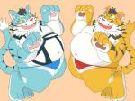 anthro asian_clothing belly blue_body blue_fur blush clothing cute_fangs duo east_asian_clothing fangs fundoshi fur humanoid_hands japanese_clothing kemono male moobs navel overweight overweight_male simple_background teeth underwear white_body white_fur yellow_body yellow_fur panthera7uncia sengoku_puzzle raiden_shin'emon raiden_tameemon felid mammal pantherine tiger 2020 4:3 hi_res