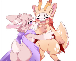 anthro antlers blush bottomless bottomless_male brown_body brown_fur butt cape clothed clothing digitigrade duo fur hooves horn male male/male mask scarf smile dogear218 fabulous_beasts sibuxiang_the_deer_(fabulous_beasts) tuye_(fabulous_beasts) deer lagomorph leporid mammal rabbit