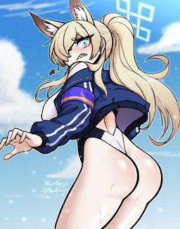 animal_ears big_breasts big_butt blonde_hair blue_clothing blue_eyes blue_topwear blush breasts butt clothing cloud eyelashes female hair hair_over_eye inner_ear_fluff looking_at_viewer looking_back looking_back_at_viewer one-piece_swimsuit ponytail sharp_teeth sky solo swimwear tan_body tan_skin teeth thick_thighs topwear tuft wet whistle_(object) whistle_around_neck white_clothing white_swimwear wide_hips lordguyis blue_archive kanna_(blue_archive) animal_humanoid canid canid_humanoid canine canine_humanoid dog_humanoid humanoid mammal mammal_humanoid absurd_res hi_res