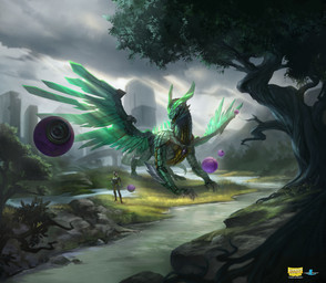 ambiguous_gender detailed_background duo feral grass green_body machine metallic_body open_mouth orb outside plant river rock science_fiction smile standing tail tree wings andicahyow dragon_shield mythology dragon human mammal mythological_creature mythological_scalie robot scalie 2022 absurd_res digital_media_(artwork) hi_res official_art