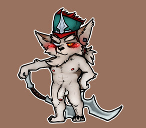 abs anthro axe balls battle_axe biped blind_eye blush chin_tuft claws clothed clothing cute_fangs doublt_bitted_axe ear_piercing eye_scar facial_scar facial_tuft fangs flaccid foreskin fur genitals hair hand_on_hip hat headgear headwear holding_object holding_weapon humanoid_genitalia humanoid_penis looking_at_viewer male melee_weapon mostly_nude navel nipples pecs penis piercing polearm ponytail pose scar simple_background snaggle_tooth solo standing teeth toe_claws topless tuft weapon white_balls white_body white_fur hotoshuken league_of_legends riot_games tencent kled_(lol) mammal yordle