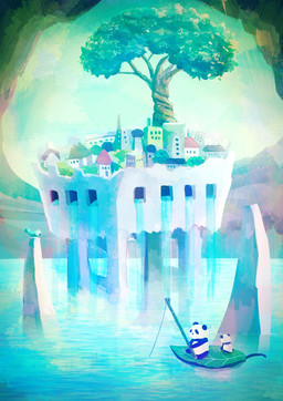 anthro black_body black_fur chibi city detailed_background fishing fishing_rod fur group leaf plant sitting surrealism tree water white_body white_fur araru avian bear bird giant_panda mammal 2019 hi_res