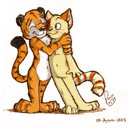 anthro closed_smile duo eyes_closed featureless_crotch fur hug logo male male_anthro markings mouth_closed nude one_eye_closed orange_body orange_fur simple_background smile standing striped_arms striped_body striped_fur striped_legs striped_markings striped_tail stripes tail tail_markings whiskers white_background white_body white_fur yellow_body yellow_fur young young_anthro young_male pandapaco domestic_cat felid feline felis mammal pantherine tiger 2013 artist_logo dated signature