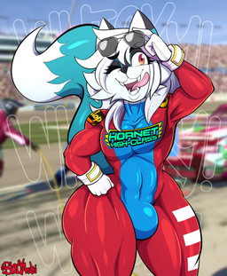 anthro bulge clothing eyewear femboy gloves handwear jumpsuit looking_at_viewer male one_eye_closed racetrack racing_suit smile solo suit thick_thighs tight_clothing tongue tongue_out wide_hips wink winking_at_viewer blackarabi canid canine canis hybrid mammal wolf wolfdog character_request hi_res