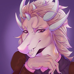 ambiguous_gender anthro bite biting_lip biting_own_lip clothed clothing front_view hair horn looking_at_viewer narrowed_eyes pink_body pink_eyes pink_hair purple_clothing purple_topwear red_clothing red_topwear self_bite smile solo topwear white_horn smogville mythology dragon mythological_creature mythological_scalie scalie 1:1 hi_res