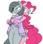 anthro anthrofied bottomless clothed clothing clothing_lift cutie_mark duo earth_pony equid equine featureless_crotch female friendship_is_magic hair hasbro horse mammal marble_pie_(mlp) my_little_pony navel nude off_shoulder pink_hair pinkie_pie_(mlp) pony reiduran shirt shirt_lift smile standing sweater topwear wide_hips