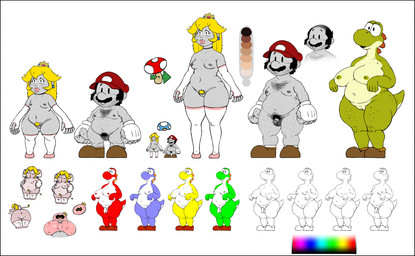 anthro anus armwear balls big_breasts big_butt black_border blonde_hair body_hair border breasts butt chest_hair clothing crown elbow_gloves facial_hair female fingerless_gloves flaccid footwear foreskin genitals gloves group gynomorph hair handwear hat headgear headwear intersex legwear lipstick long_hair makeup male mustache penis pubes shoes slime thigh_highs torn_clothing vulva chunkyoreo mario_bros nintendo elephant_peach mario princess_peach yoshi_(character) dinosaur human mammal prehistoric_species reptile scalie yoshi hi_res