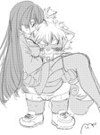 anthro blush bottomwear bridal_carry carrying_another clothing duo female male shorts size_difference topknot young young_anthro young_female young_human young_male mkz_kabeuchi lifewonders tokyo_afterschool_summoners masashi_(tas) canid canine canis domestic_dog human mammal 3:4 hi_res monochrome sketch