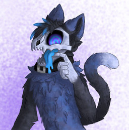 ambiguous_gender anthro black_body black_fur blue_tongue bone collar dipstick_ears dipstick_tail ear_markings fangs fur gloves_(marking) looking_at_viewer markings multicolored_ears multicolored_tail ringed_eyes skull skull_head solo tail tail_markings teeth tongue unknown_artist domestic_cat felid feline felis mammal character_request digital_media_(artwork) half-length_portrait portrait