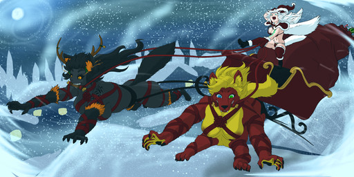 black_body black_fur black_hair blonde_hair blue_eyes clothed clothing fang_swiftwing fur green_eyes group hair heterochromia ichigo_ryouken orange_body orange_fur partially_clothed red_body red_fur ribbons snow trio white_hair yellow_body yellow_fur mythology nealime_kenna canid canid_demon canid_taur canine canine_taur demon hellhound mammal mammal_taur mythological_canine mythological_creature taur absurd_res hi_res