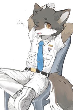 adolescent anthro badge belt black_belt blue_necktie bottomwear cheek_scar clothing countershading eyebrows facial_scar fluffy fluffy_tail footwear fur gloves_(marking) grey_body grey_fur looking_at_viewer male markings name_tag necktie one_eye_closed pants raised_eyebrow scar school_uniform shirt shoes simple_background sitting solo tail tired topwear uniform white_background white_bottomwear white_clothing white_footwear white_pants white_shirt white_shoes white_topwear young young_anthro young_male laggy_(artist) kyle_(laggy) canid canine canis coyote mammal 2025 hi_res