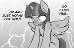angry blush dialogue feathered_wings feathers female feral horn open_mouth sitting snout solo text thinking unicorn_horn wings ather_os friendship_is_magic hasbro my_little_pony mythology twilight_sparkle_(mlp) equid equine mammal mythological_creature mythological_equine winged_unicorn 2024 absurd_res black_and_white english_text hi_res monochrome