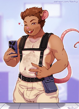 anthro belly_hair belt black_belt black_harness blush body_hair bottomwear brown_body brown_fur brown_hair buckteeth bulge chest_hair clothing fur gesture hair hand_gesture harness heart_symbol leather leather_harness looking_at_viewer male one_eye_closed pants pink_body pink_inner_ear pink_nose pose pouch_(clothing) red_eyes ring selfie smile solo stubble taking_picture taking_selfie tan_bottomwear tan_clothing tan_pants teeth v_sign white_body white_fur wink winking_at_viewer tokifuji mammal murid murine rat rodent character_request hi_res