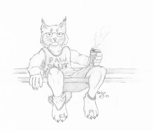 4_toes 5_fingers anklet anthro barefoot bars beverage claws clothed clothing coffee coffee_cup confident container cup digit_ring eyewear feet fingers fully_clothed glasses holding_object jewelry kerchief looking_at_viewer male parallel_bars paws plantigrade ring shirt smile solo tail tank_top toe_claws toe_ring toes topwear salem_(hollowvoice) salem_(kreoche) felid feline lynx mammal