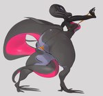 anthro big_butt bikini black_body butt clothing female grey_background huge_butt long_tail looking_at_viewer paws purple_eyes simple_background solo swimwear tail thick_thighs two-piece_swimsuit white_background white_sclera mighty-whydah nintendo pokemon generation_7_pokemon pokemon_(species) salazzle colored shaded