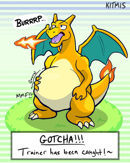 ambiguous_gender belly big_belly burping digestion digestion_noises game_over gameplay_mechanics hand_on_belly oral_vore orange_body orange_scales scales soft_vore solo vore wings kitmis mythology nintendo pokemon charizard dragon generation_1_pokemon mythological_creature mythological_scalie pokemon_(species) scalie absurd_res hi_res