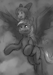 cutie_mark derp_eyes duo feathered_wings feathers female feral quadruped tail wings ottanta friendship_is_magic hasbro my_little_pony mythology touhou cirno derpy_hooves_(mlp) equid equine human mammal mythological_creature mythological_equine pegasus 2011 crossover greyscale monochrome