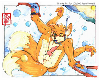 2_tails animal_genitalia animal_penis anus aroused balls canine_genitalia canine_penis diving duo erection eyewear flippers fur genitals goggles knot male multi_tail nude orange_body orange_fur pawpads penis pink_pawpads presenting snorkel swimming tail text underwater water fennec_(artist) sega sonic_the_hedgehog_(series) miles_prower canid canine fox mammal red_fox true_fox english_text