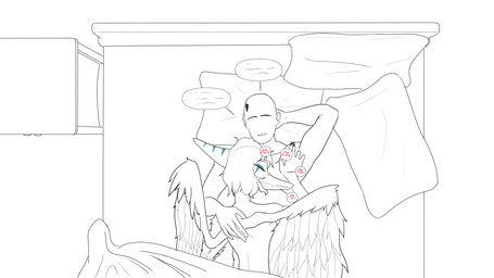 anthro anthro_on_top bald bedroom biped bird's-eye_view blue_body bone_frill cuddling duo elbow_feathers eyes_closed feathered_wings feathers female female_on_top fingers frill_(anatomy) frown heart_symbol heartbeat high-angle_view human_on_anthro human_on_bottom humanoid_hands inside interspecies male male/female male_on_bottom markings medium_hair nude nude_female nude_male on_bottom on_top pillow romantic romantic_couple sleeping speech_bubble striped_markings stripes talking_to_another under_covers wings areloch cavemanon_studios goodbye_volcano_high ko_op_(game_developer) snoot_game anon_(snoot_game) fang_(gvh) human mammal prehistoric_species pterodactylus pterosaur reptile scalie 16:9 hi_res spot_color widescreen