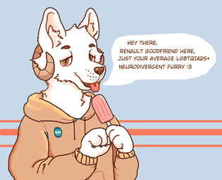 anthro clothed clothed_anthro clothed_male clothing dessert dialogue disguise ears_up eyebrows flag food fur holding_food holding_ice_cream holding_object horn ice_cream jacket looking_at_viewer male nails open_mouth orange_eyes pride_color_flag solo speech_bubble teeth teeth_showing text tongue tongue_out topwear white_body white_fur wool_(fur) reynard_goodfellow reynard_the_baa bovid caprine mammal sheep english_text