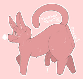 balls big_butt black_nose blush blush_lines bodily_fluids butt butt_smack dripping eyebrows eyelashes feral freckles fur genital_fluids genitals humanoid_genitalia humanoid_penis looking_back male penis pink_background pink_body pink_fur precum precum_drip side_view simple_background smack_(sound_effect) smacking_ass solo sweat tail thick_thighs vein veiny_penis toastedtanuki domestic_cat felid feline felis mammal 2024 hi_res