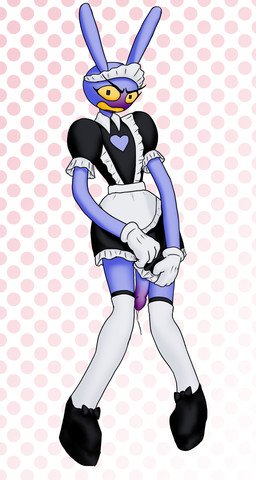 anthro blush bodily_fluids clothed clothing crossdressing dripping genital_fluids genitals legwear long_penis maid_apron maid_headdress maid_uniform male penis precum precum_drip purple_body solo thigh_highs uniform corinoch_(artist) glitch_productions the_amazing_digital_circus jax_(tadc) lagomorph mammal hi_res