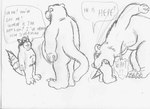 anthro anthro_pred anthro_prey belly big_belly butt claws dialogue duo head_first ignorance interrobang larger_pred long_tail male male/male male_pred male_prey navel nude nude_anthro nude_male nude_pred oral_vore partially_inside rear_view simple_background size_difference speech_bubble standing surprise_vore tail vore what white_background bigbadbear big_bad_bear bear mammal procyonid raccoon graphite_(artwork) monochrome traditional_media_(artwork)