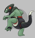 ambiguous_gender anthro blush claws clean_diaper clothed clothing diaper looking_at_diaper raised_tail solo tail wearing_diaper ire-k nintendo pokemon cyclizar generation_9_pokemon lizard pokemon_(species) reptile scalie