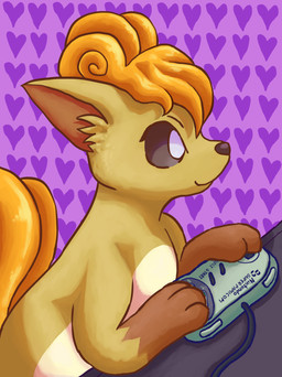 ambiguous_gender controller feral game_controller gaming heart_symbol inner_ear_fluff looking_aside nintendo_controller pattern_background playing_video_game side_view simple_background smile snes_controller solo tail tuft teochronico nintendo pokemon super_famicom super_nintendo generation_1_pokemon pokemon_(species) vulpix 2025 digital_drawing_(artwork) digital_media_(artwork) hi_res